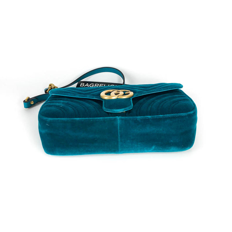 Marmont Matelasse Shoulder Bag Small in Peacock Blue Velvet