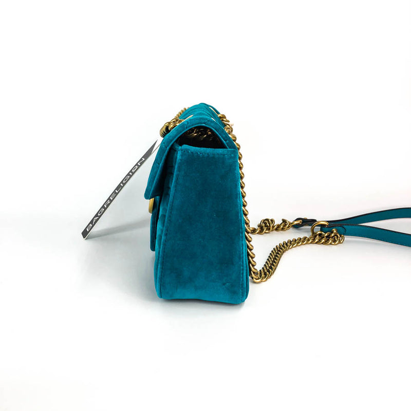 Marmont Matelasse Shoulder Bag Small in Peacock Blue Velvet