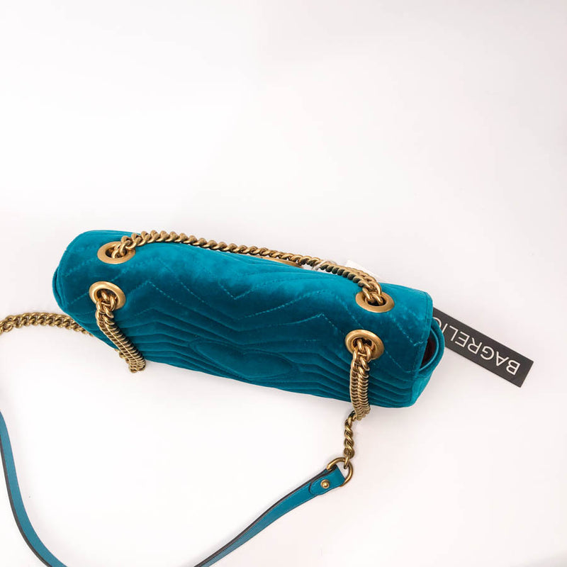 Marmont Matelasse Shoulder Bag Small in Peacock Blue Velvet