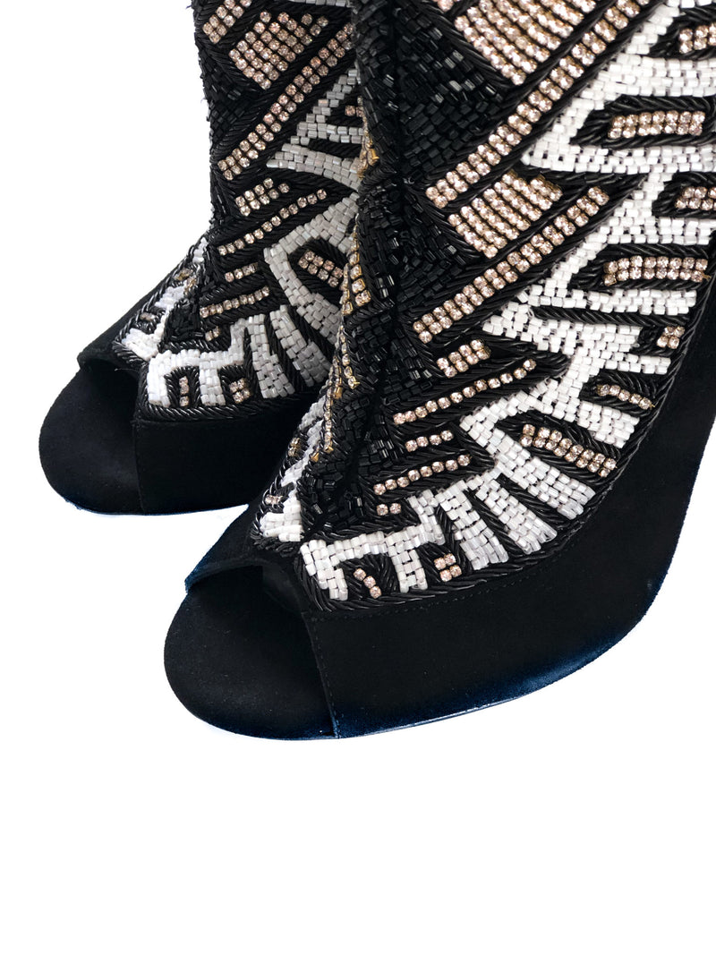 Peep-Toe Crystal Beaded Heel Boots