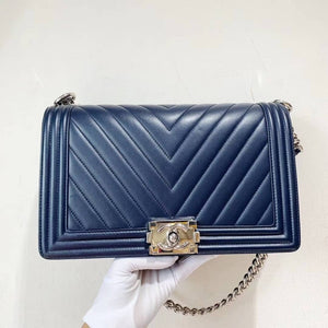 Le Boy Chevron Calfskin Flap Bag Dark Blue with Shiny Silver Hardware New Medium