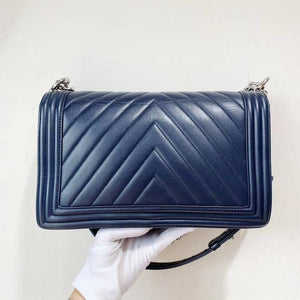 Le Boy Chevron Calfskin Flap Bag Dark Blue with Shiny Silver Hardware New Medium