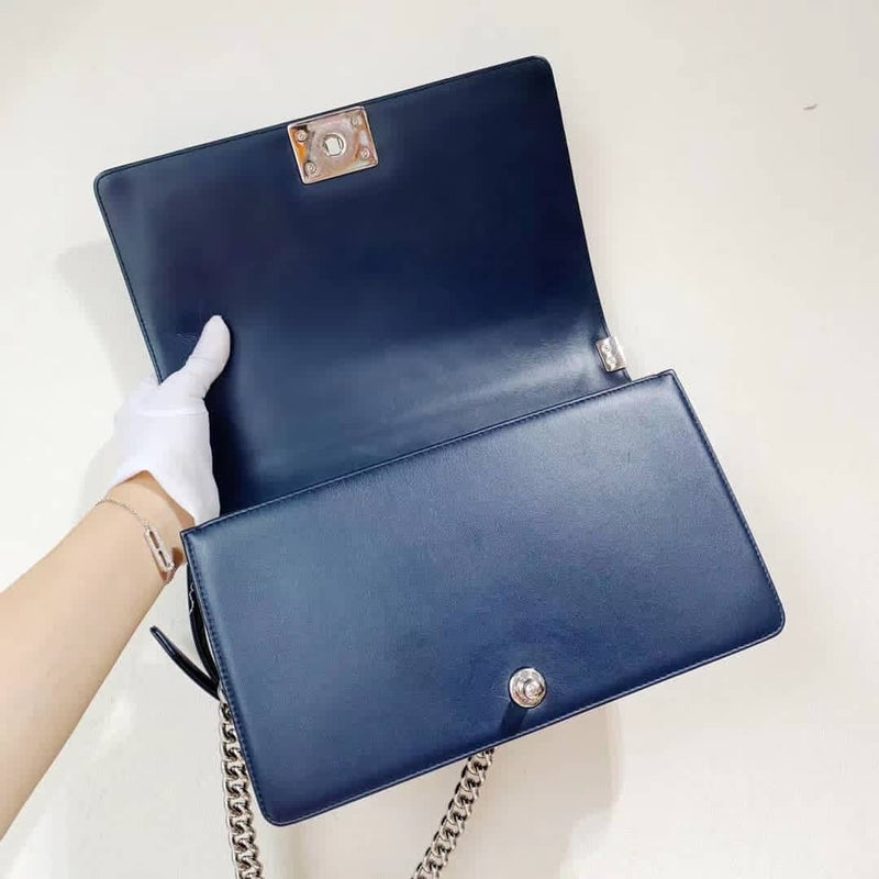Le Boy Chevron Calfskin Flap Bag Dark Blue with Shiny Silver Hardware New Medium