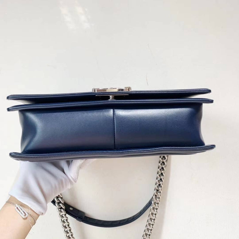 Le Boy Chevron Calfskin Flap Bag Dark Blue with Shiny Silver Hardware New Medium