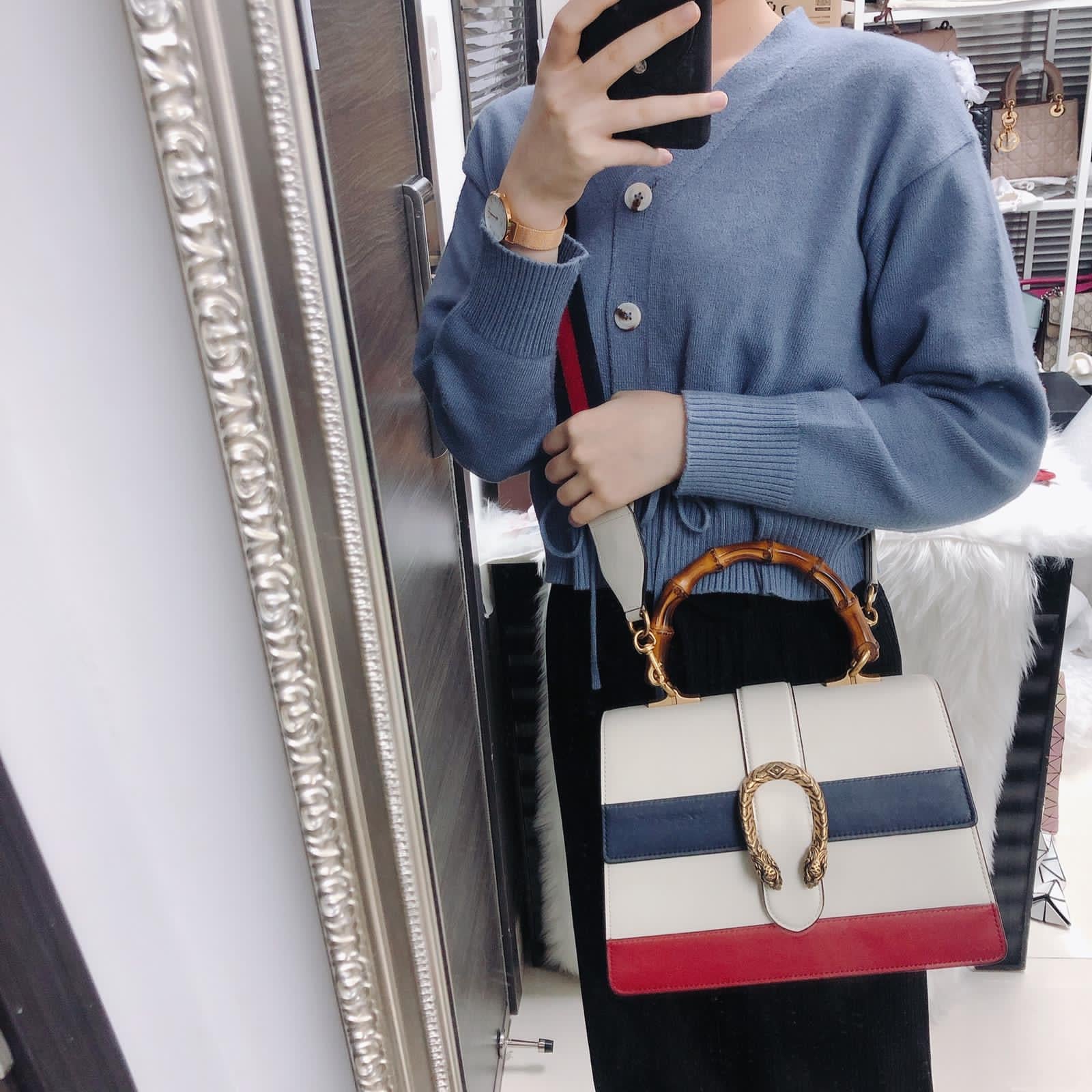 Calfskin Medium Dionysus Bamboo Handle Bag White Blue Red – Bag