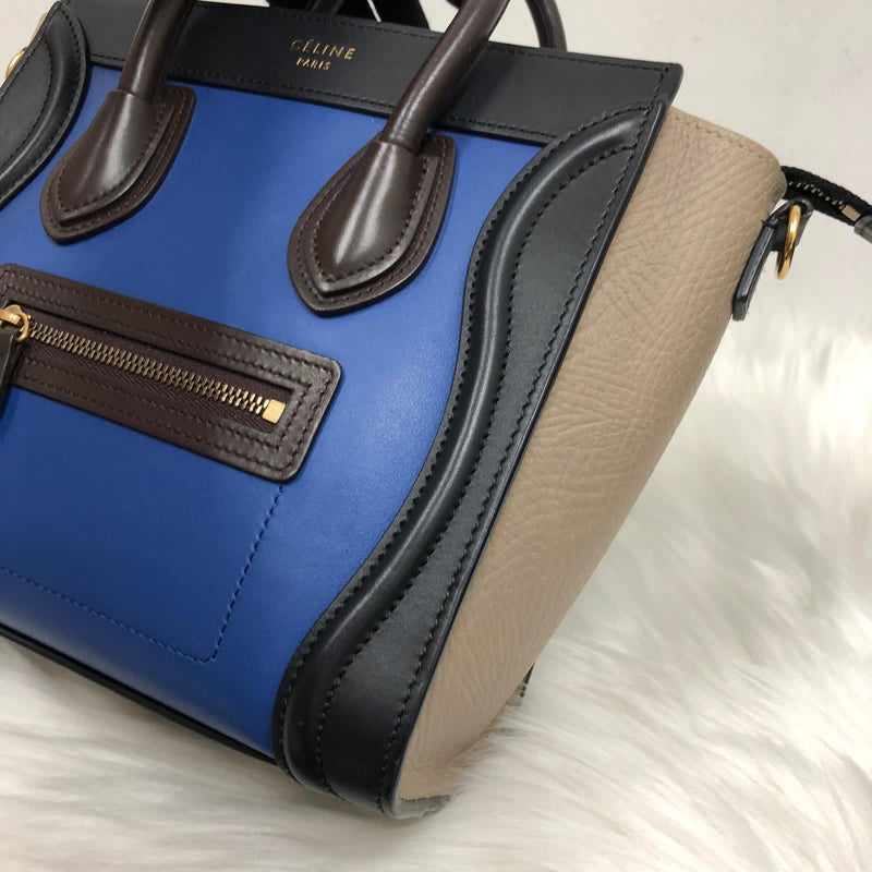 Tri-Coloured Nano Luggage Tote in Cobalt/Black/Tan