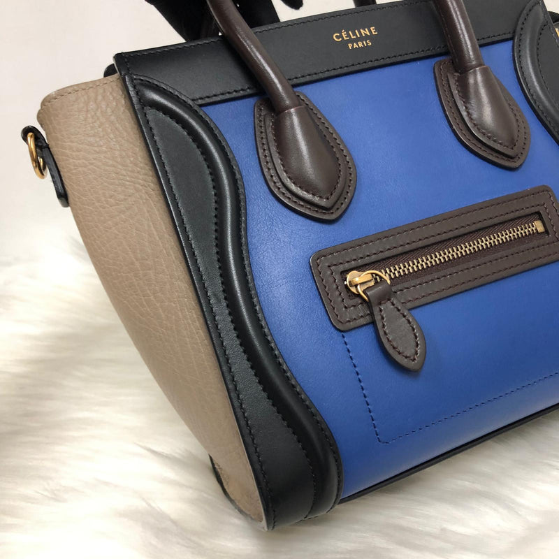 Tri-Coloured Nano Luggage Tote in Cobalt/Black/Tan