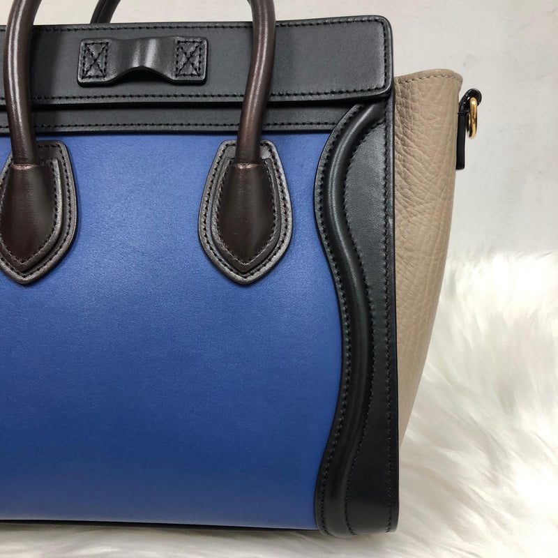 Tri-Coloured Nano Luggage Tote in Cobalt/Black/Tan