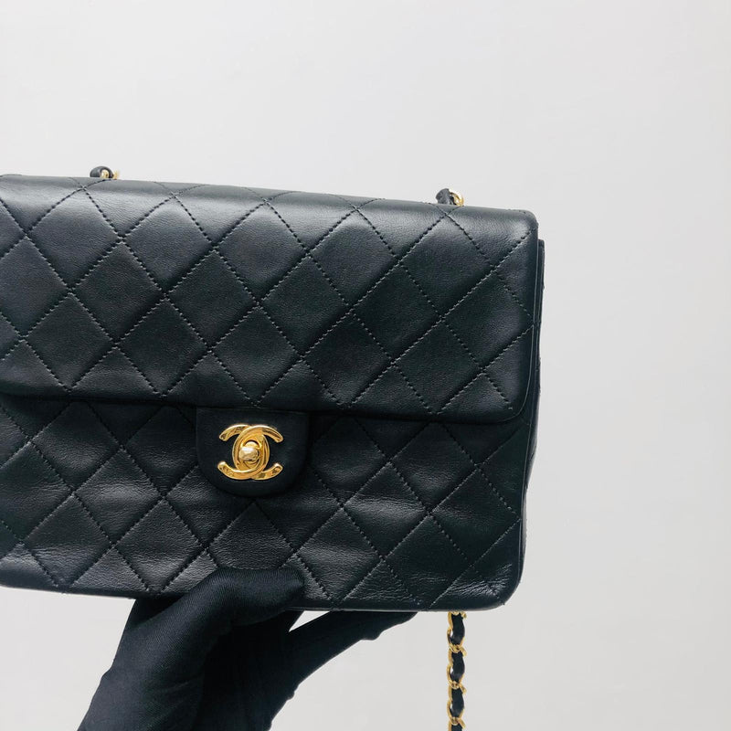 Chanel Vintage Square Classic Mini Single Flap Quilted Black Lambskin 24k  Plated