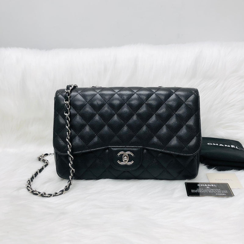 Timeless Chanel Black Caviar Quilted Jumbo Classic Single Flap Bag