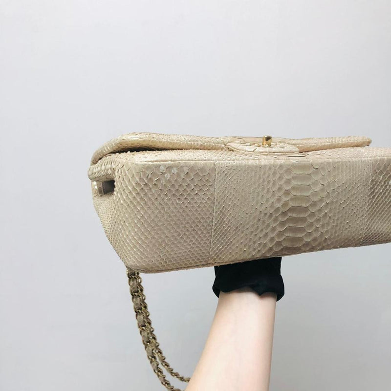 Chanel Beige Python Medium Double Flap Bag with Gold Hardware