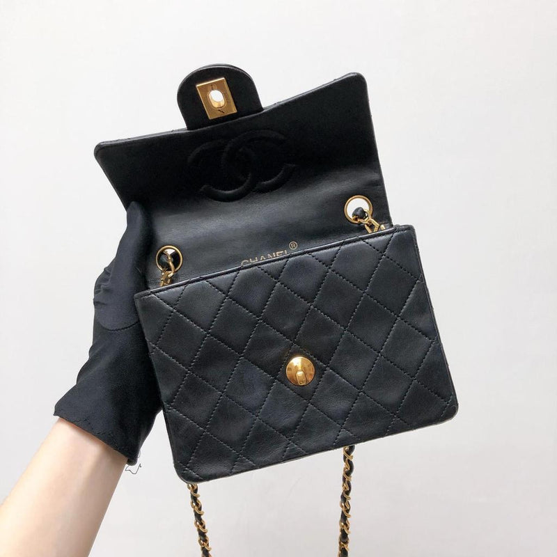 CHANEL Vintage Mini Square Flap Bag in Black Quilted Lambskin Leather GHW –  Bag Religion