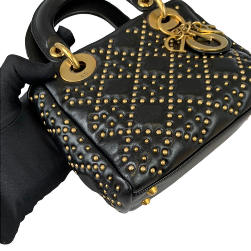 Christian Dior Mini Supple Lady Dior Studded Lambskin Black GHW Bag Religion