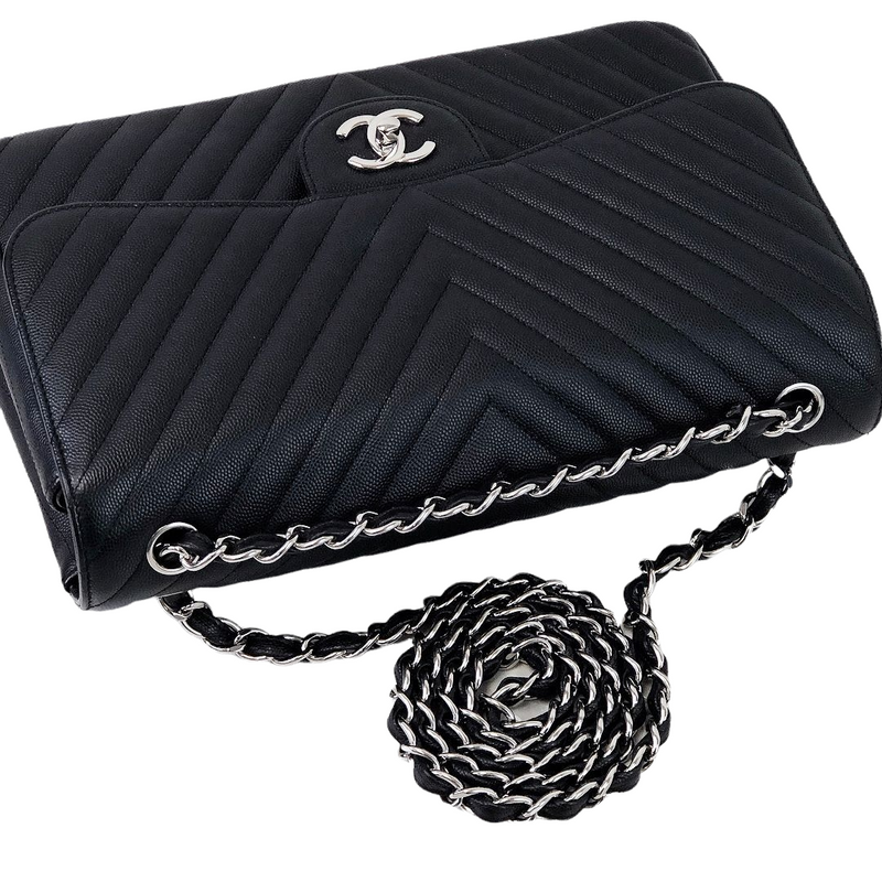 Jumbo Classic Flap Caviar Black Chevron SHW
