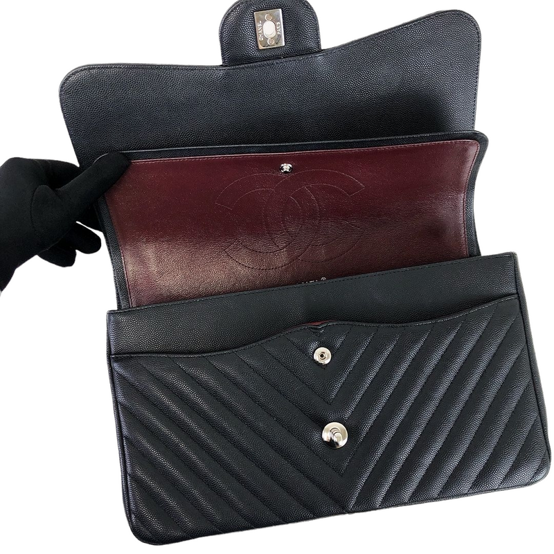 Jumbo Classic Flap Caviar Black Chevron SHW