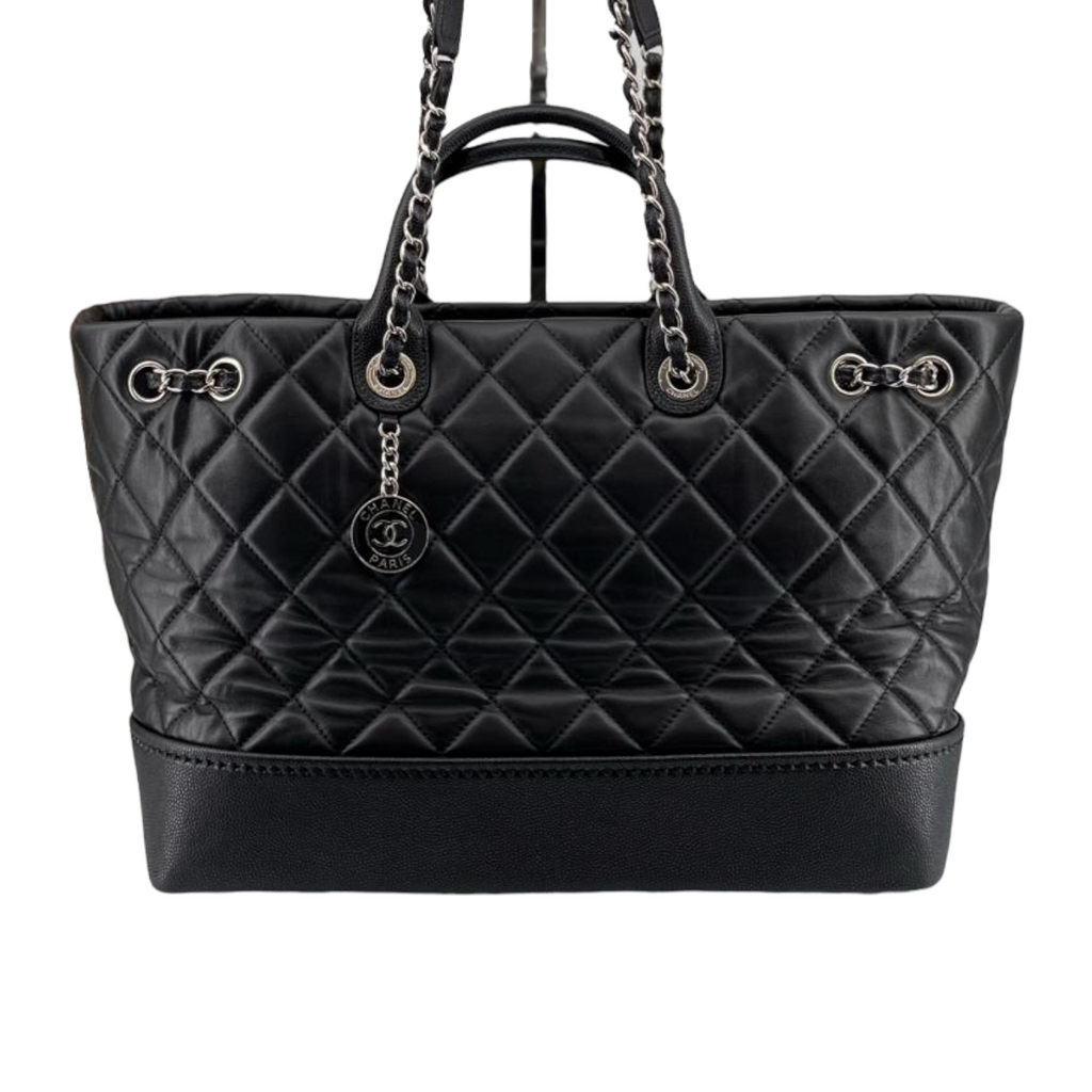 Large Drawstring Shopping Tote Quilted Calfskin and Caviar Black GHW