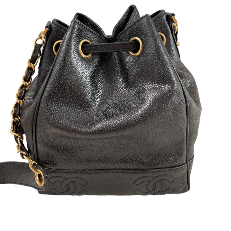 CHANEL VINTAGE CC BLACK CAVIAR LEATHER SMALL BUCKET BAG