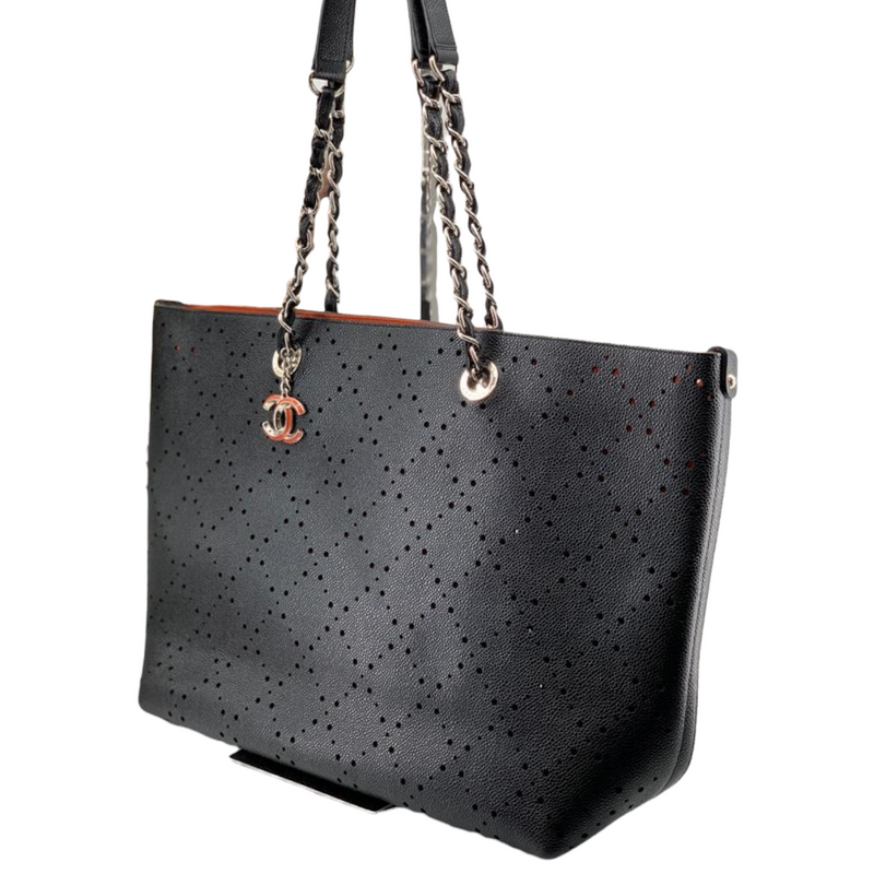 Large Perforated Shopping Tote Caviar Black SHW