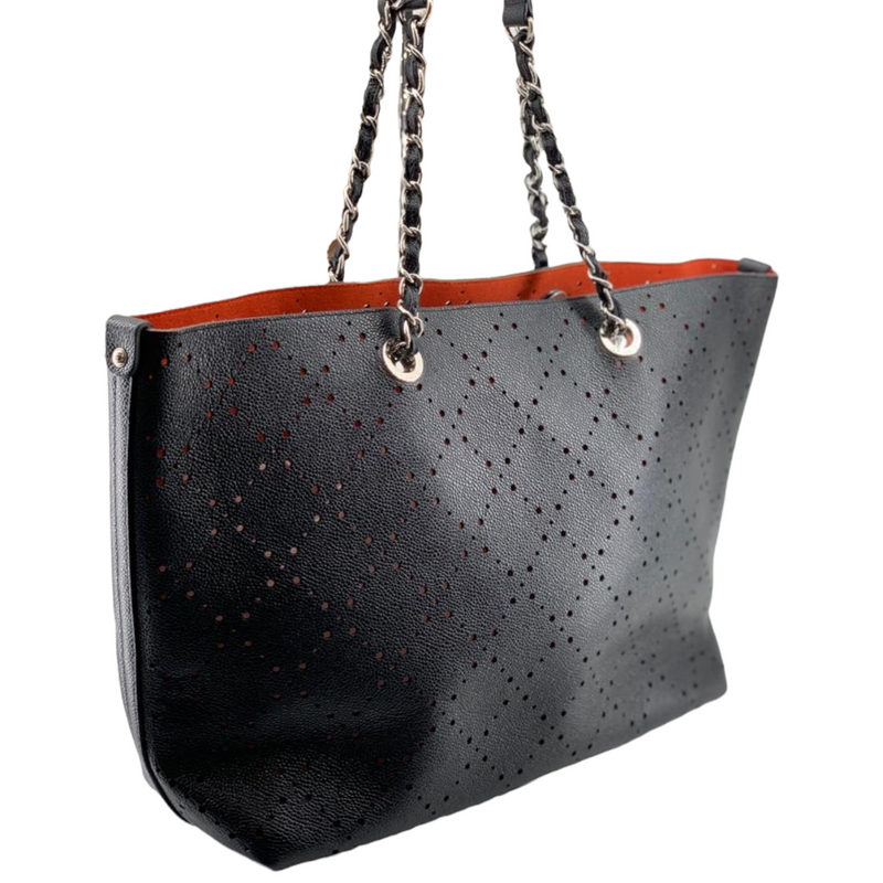 Large Perforated Shopping Tote Caviar Black SHW