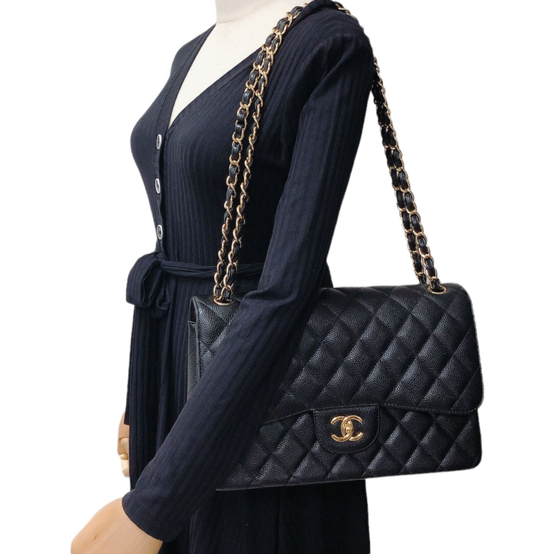 Chanel Black Caviar Jumbo Classic Flap Bag Single GHW 65108 For