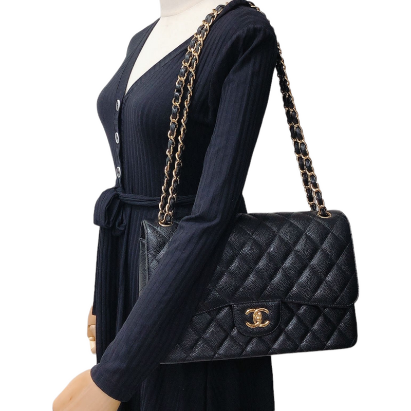 Jumbo Double Flap Caviar Black GHW