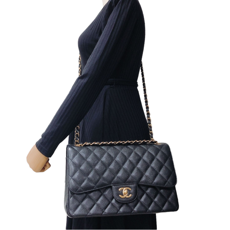 Jumbo Double Flap Caviar Black GHW