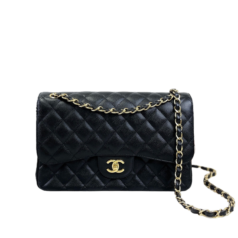 NEW CHANEL 2023 Jumbo Classic Caviar Double Flap Black Bag Gold CC