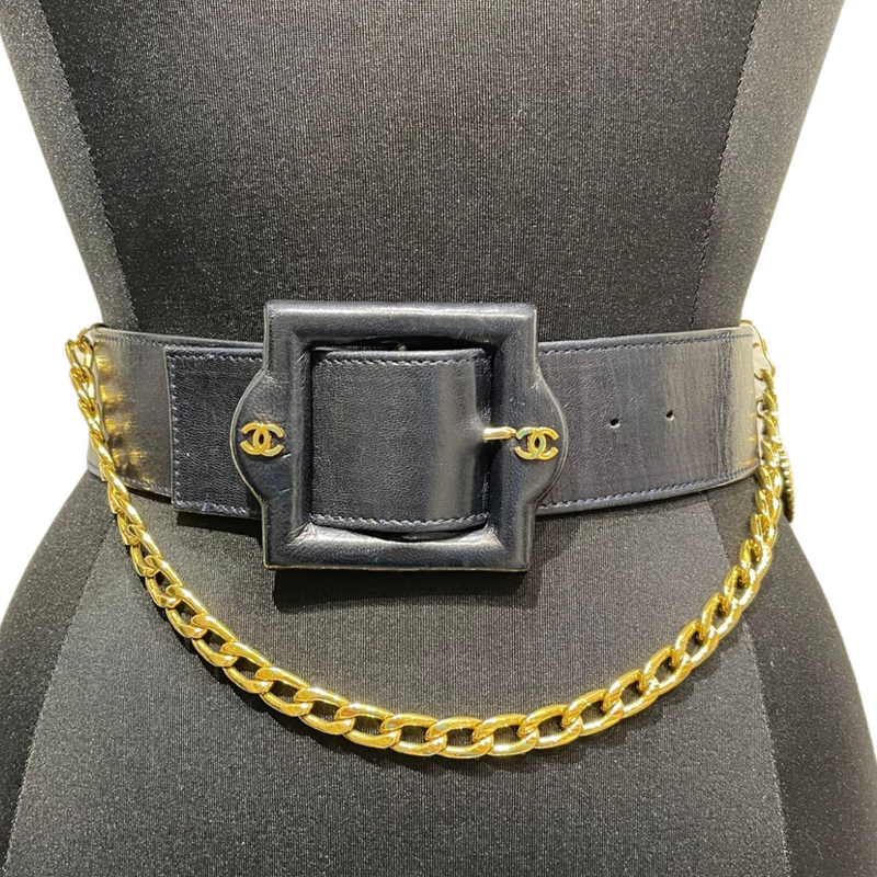 CHANEL Black Leather & Gold Metal Belt Wide Oversized Multi CC