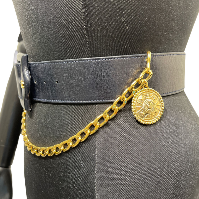 Chanel // Black Leather Buckle & Chain Medallion Belt – VSP Consignment