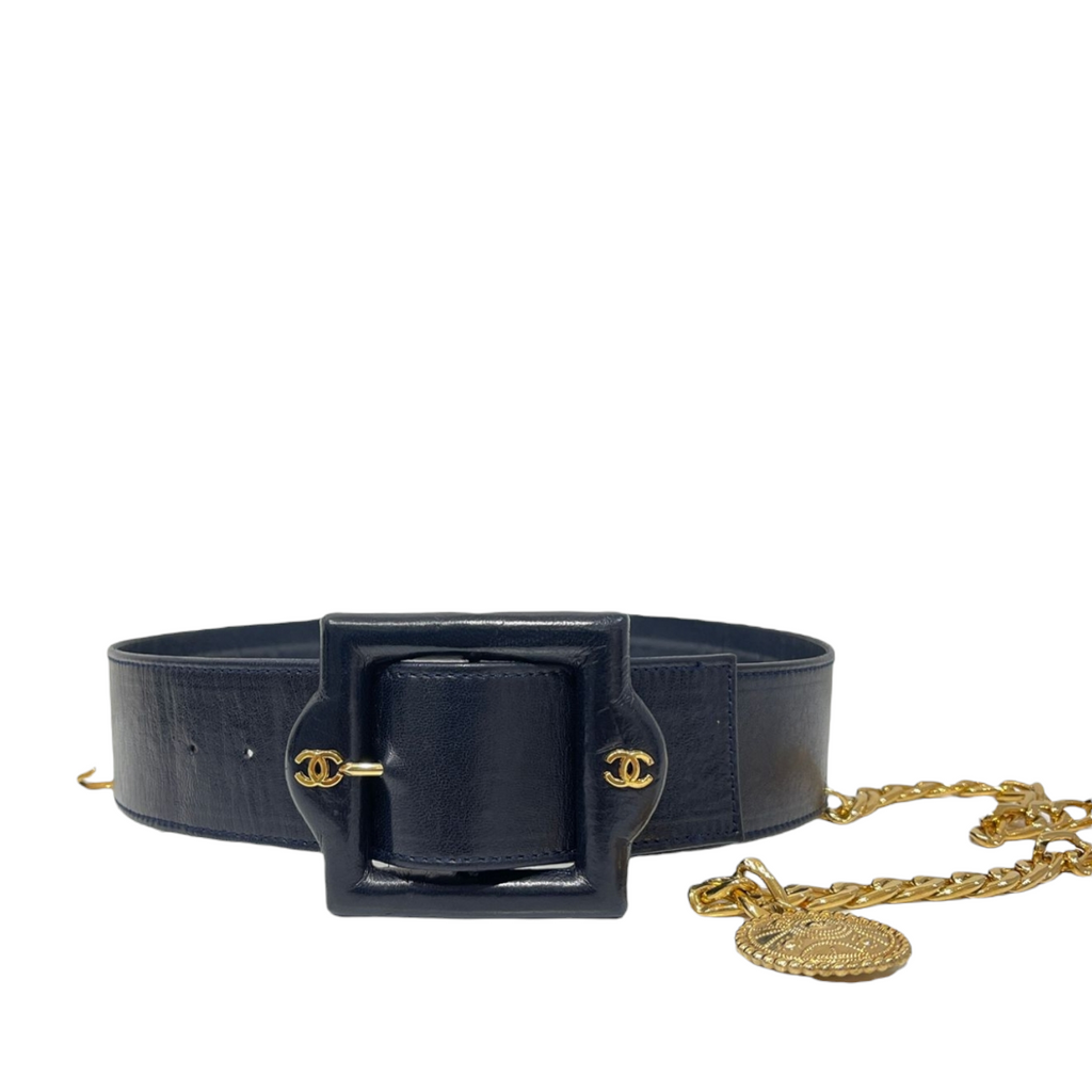 Vintage Chain Trimmed Leather Waist Belt