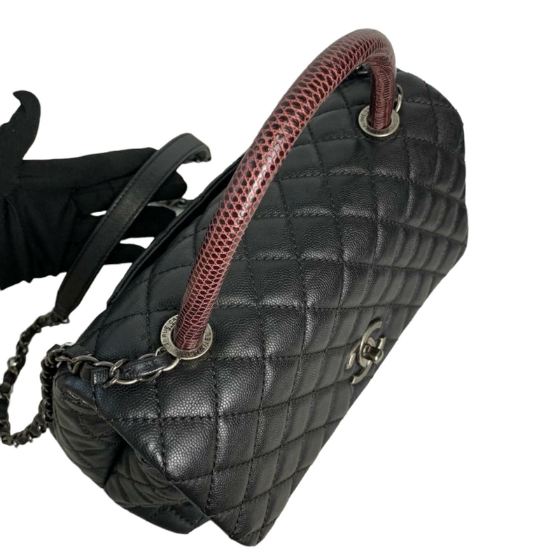 CHANEL Coco Mini Top Lizard Handle Caviar Leather Shoulder Bag Black