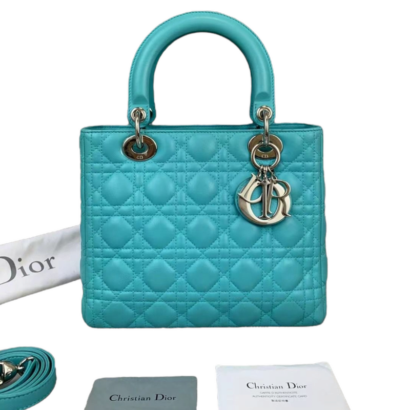 Medium Lady Dior Cannage Turquoise SHW