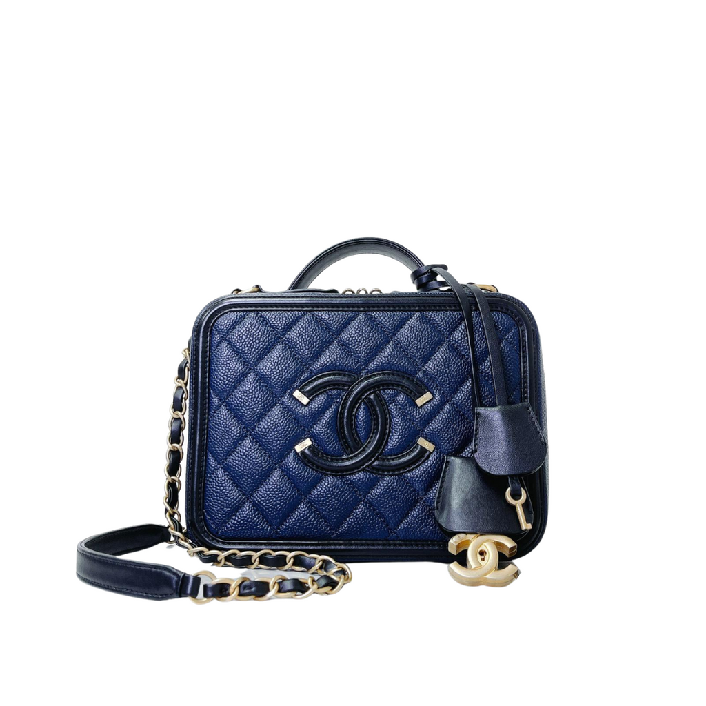 CC Filigree Medium Caviar Quilted Vanity Case Blue/Black