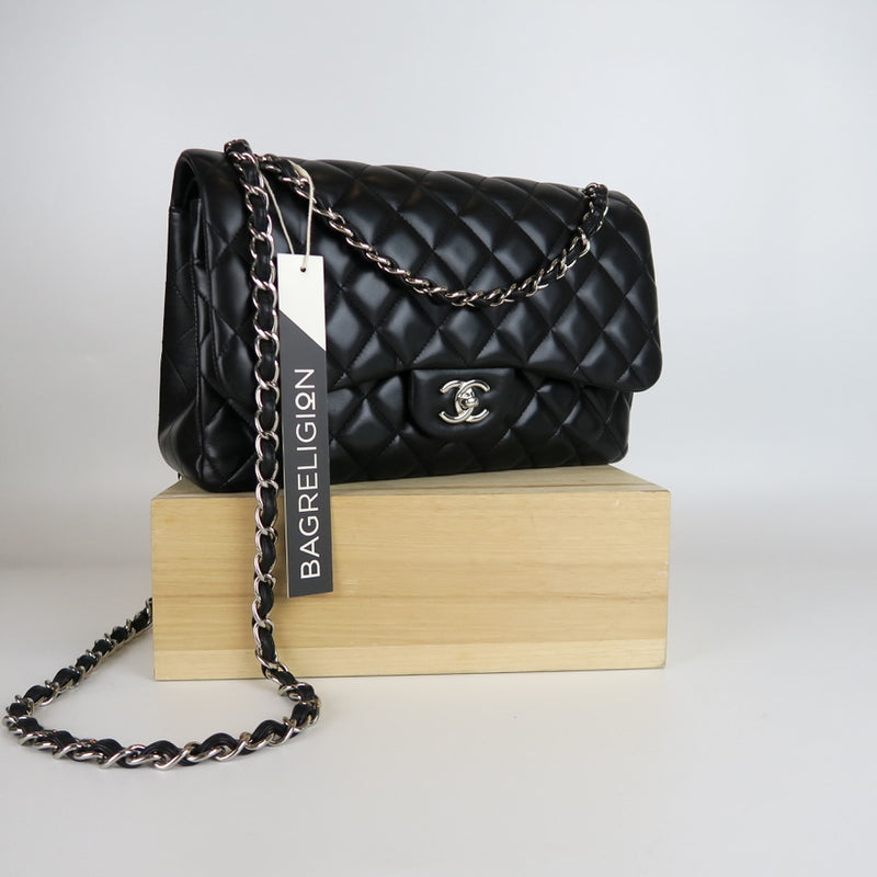 Jumbo Double Flap in Black Lambskin with SHW