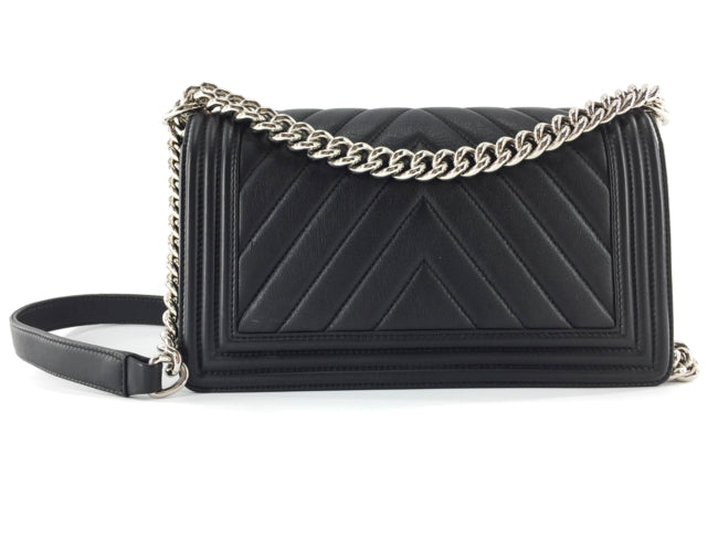 Le Boy Chevron Calfskin Flap Bag with Shiny Silver Hardware