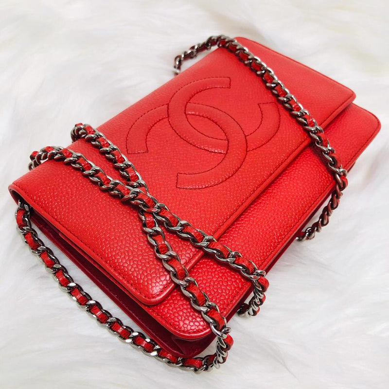 CHANEL Caviar Timeless CC Wallet on Chain WOC Red 1296893