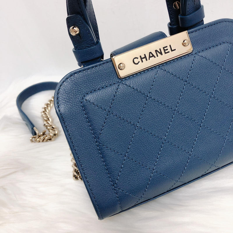 Grained Calfskin Stitched Mini Label Click Shopper Tote in Blue