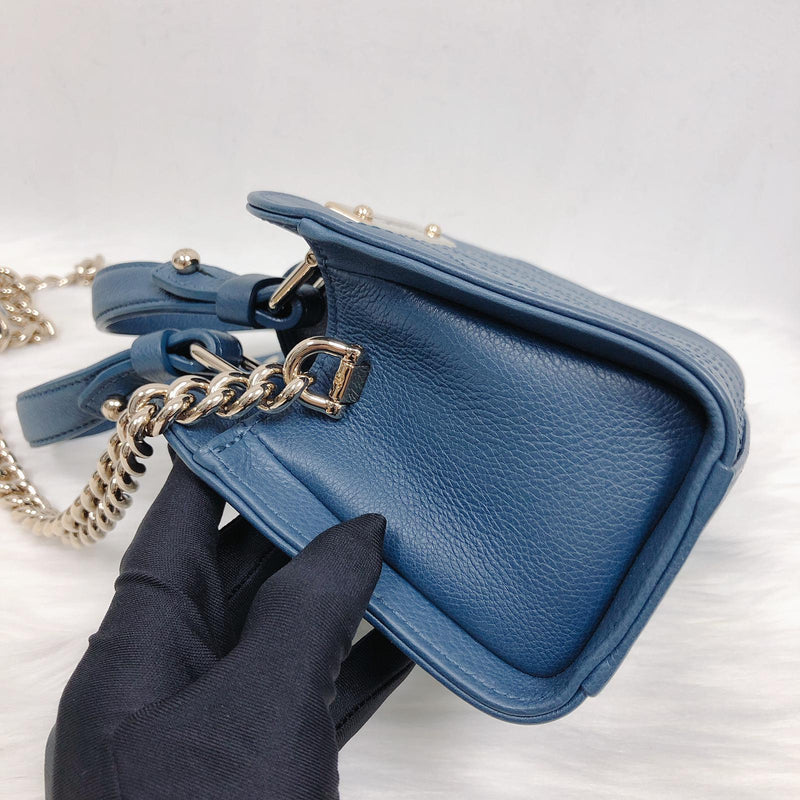 Grained Calfskin Stitched Mini Label Click Shopper Tote in Blue