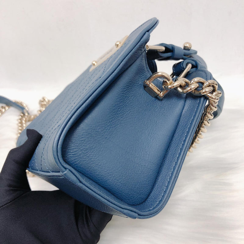 Grained Calfskin Stitched Mini Label Click Shopper Tote in Blue