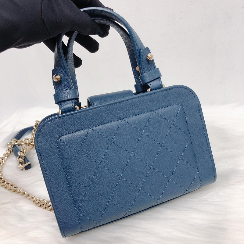 Grained Calfskin Stitched Mini Label Click Shopper Tote in Blue