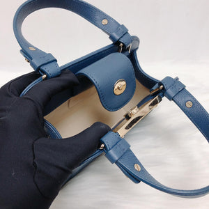 Grained Calfskin Stitched Mini Label Click Shopper Tote in Blue
