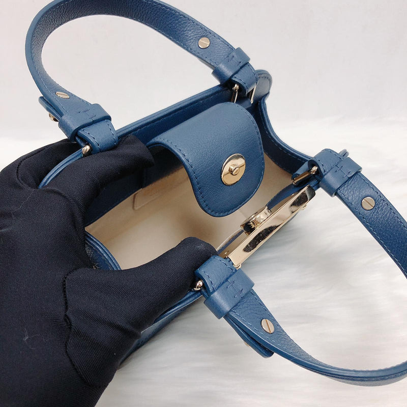 Grained Calfskin Stitched Mini Label Click Shopper Tote in Blue