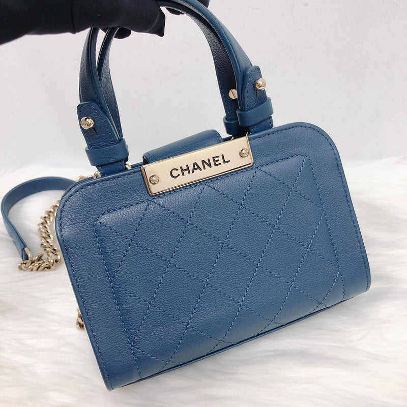 Grained Calfskin Stitched Mini Label Click Shopper Tote in Blue