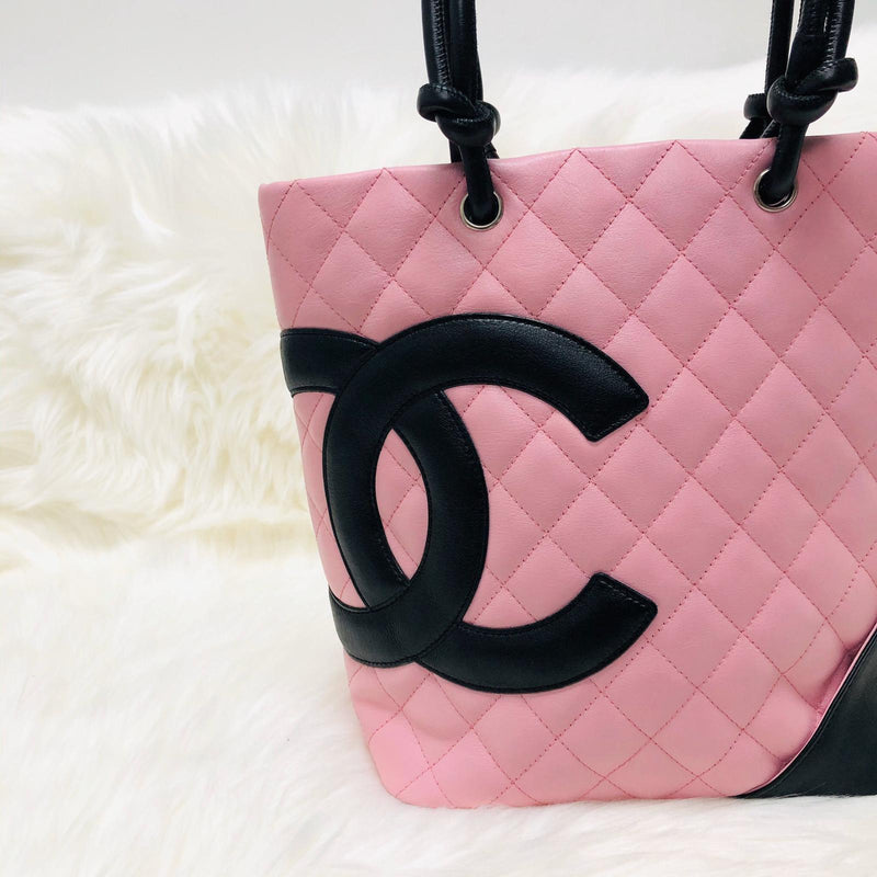 Vintage Chanel Cambon Ligne Tote Bag in Pink And Black CC Logo Medium Size