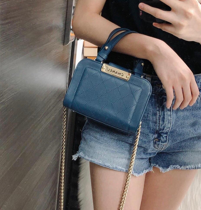 Grained Calfskin Stitched Mini Label Click Shopper Tote in Blue