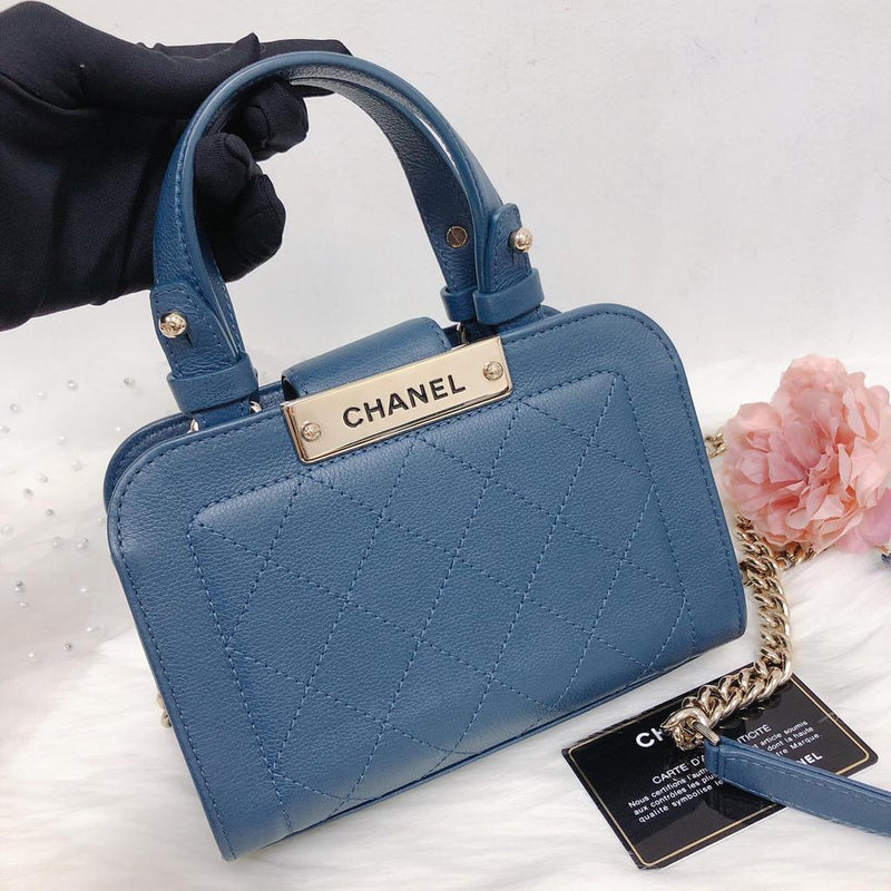 Grained Calfskin Stitched Mini Label Click Shopper Tote in Blue