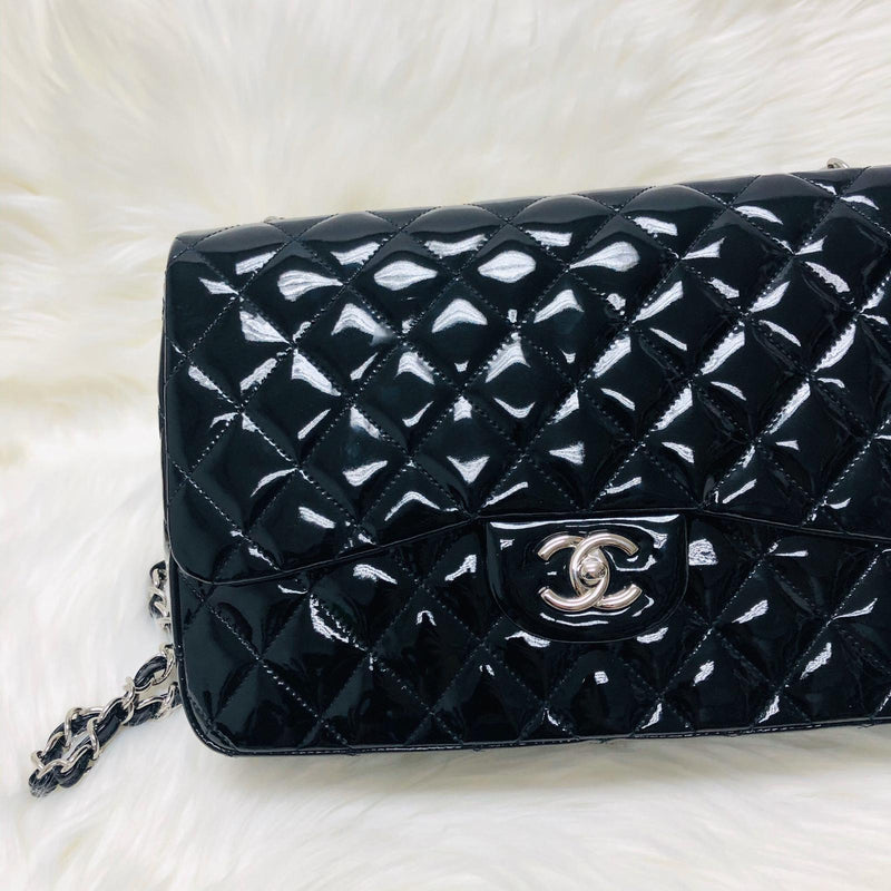 Single Flap Jumbo Quilted Patent Bag in Black with SHW