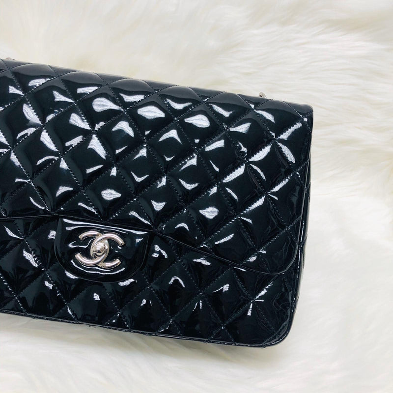 Single Flap Jumbo Quilted Patent Bag in Black with SHW