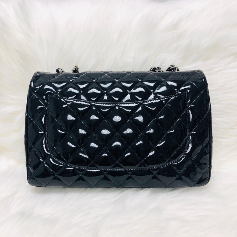 Single Flap Jumbo Quilted Patent Bag in Black with SHW