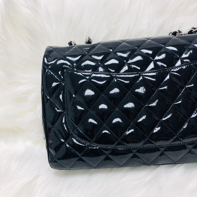 Single Flap Jumbo Quilted Patent Bag in Black with SHW